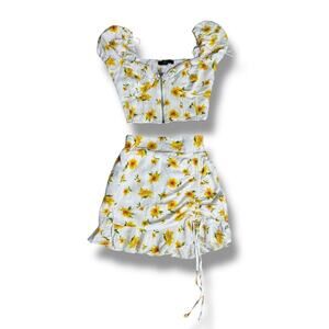Bershka Womens Crop Top and Skirt Size S White Floral Mini Stretch